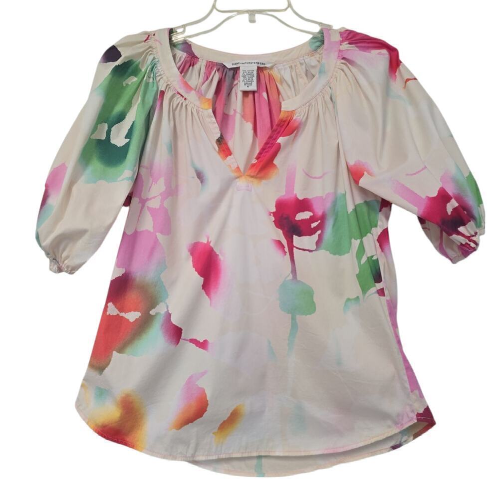 Diane von Furstenberg Keoni Pleated Watercolor Blouse Puff White Pink Size 6 - Picture 3 of 9